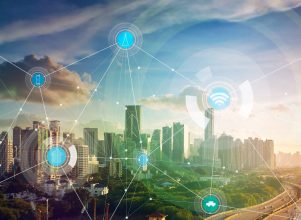 abstract visual of intelligent infrastructure with IoT, smart city and wireless communications network